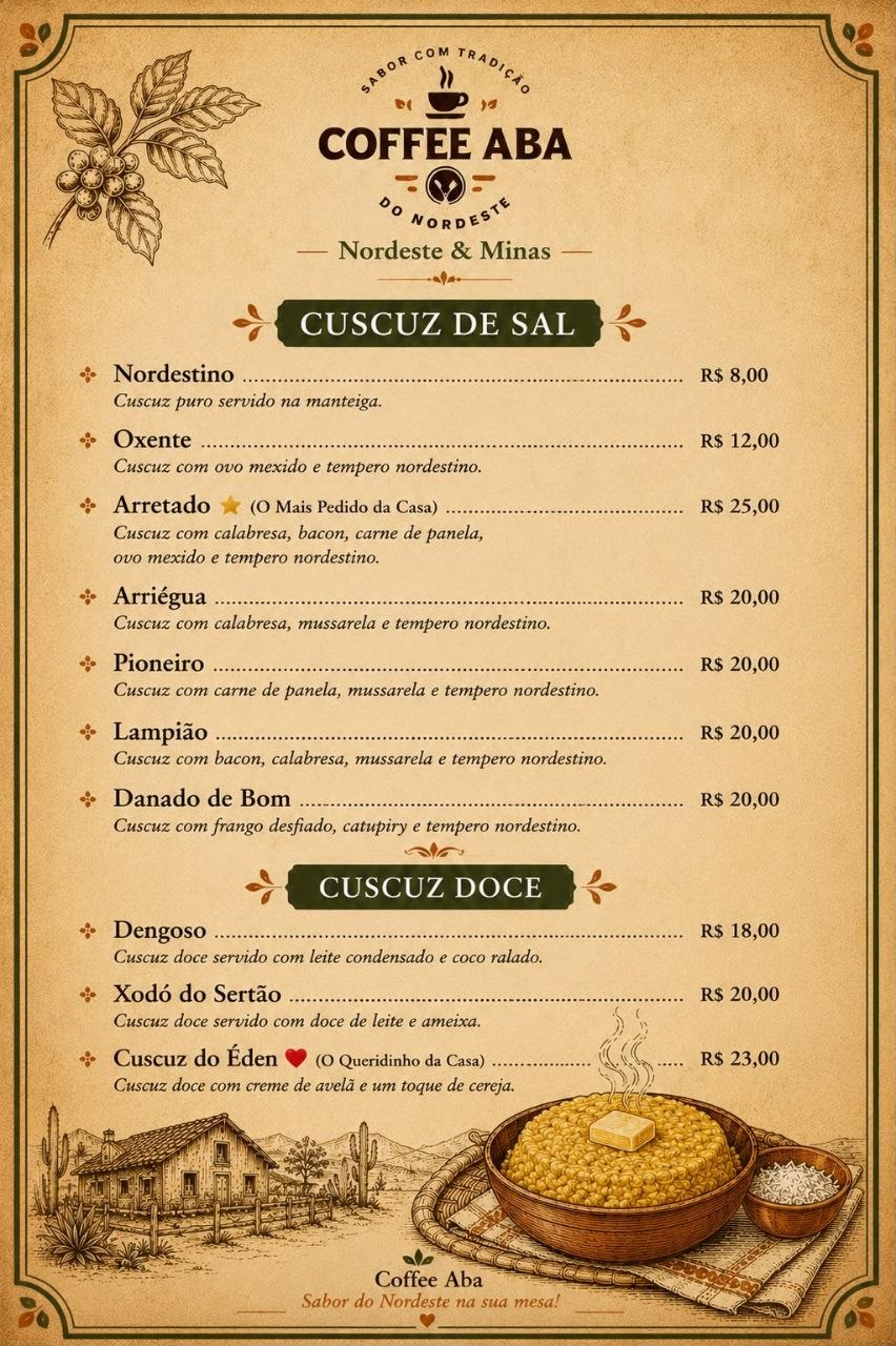 Cardápio impresso de cuscuz; itens e preços também disponíveis em texto nesta seção